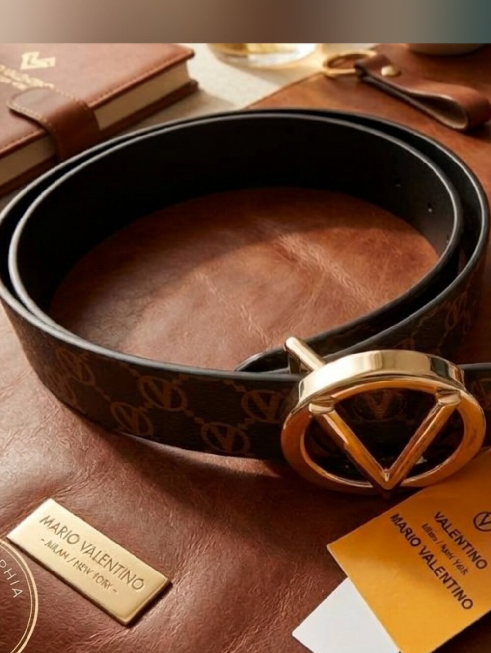 Mario Valentino Guisy Monogram Black Leather Belt with Goldtone V Buckle Size L